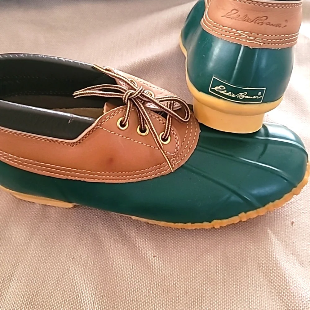 Eddie Bauer Green and Brown Lace-Top Duck Rain Shoes